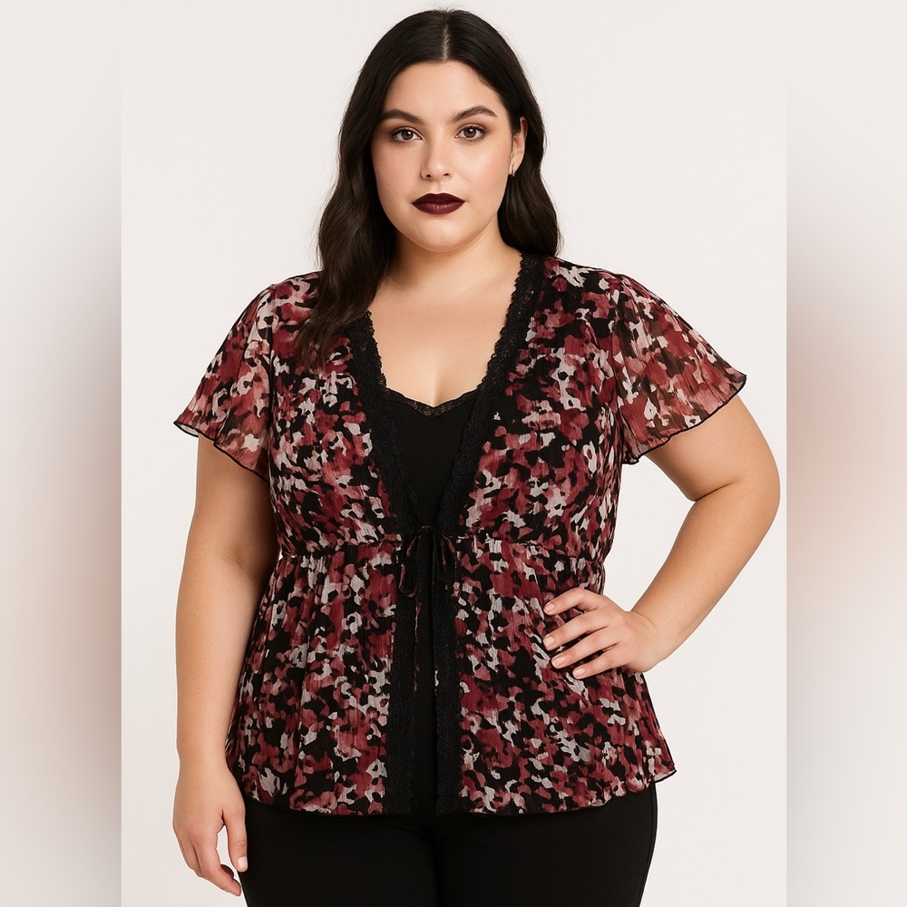 Reitmans 
Dark Floral Sheer Crinkle  Kimono Top Lace Trim Romantic Boho Size L